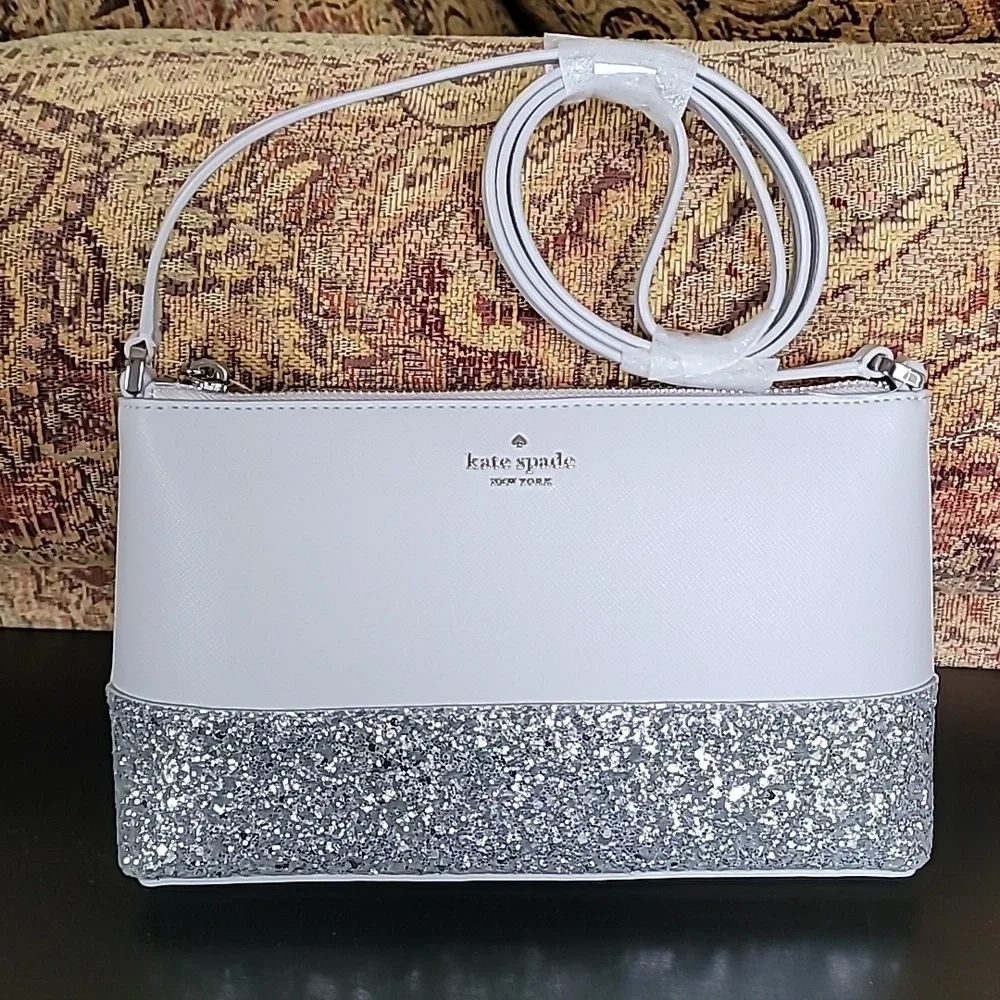 NWT Kate Spade Glitter Crossbody Flash Light Grey Silver